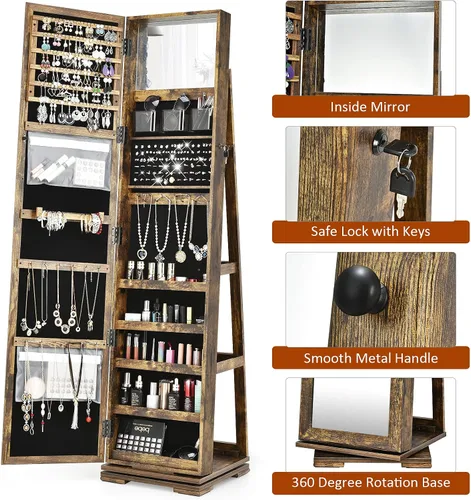 Vista 3 de AUGESTER - Armario organizador de joyas con rotación de 360, armario de joyería de pared con cerradura con espejo de longitud completa, armario