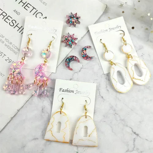 Vista 4 de RESINWORLD Aretes colgantes de varias piezas, molde de silicona, luna geométrica con conectores de aretes, moldes de resina, moldes de fundición