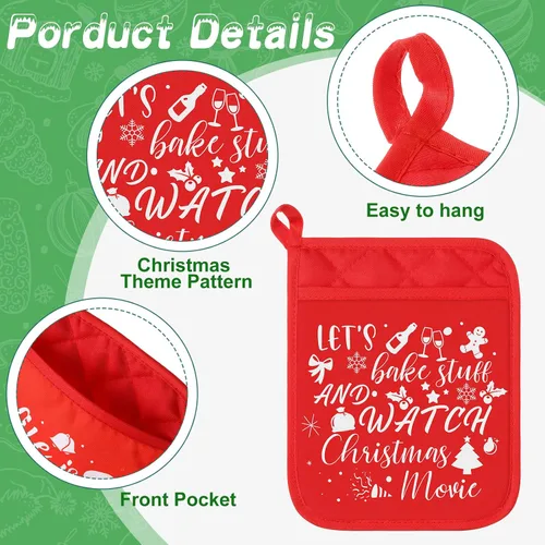 Vista 4 de 6 agarraderas de Navidad con bolsillo para cocina, almohadilla caliente, manoplas de horno de granja, bolsa de galletas para regalo de Navidad verde
