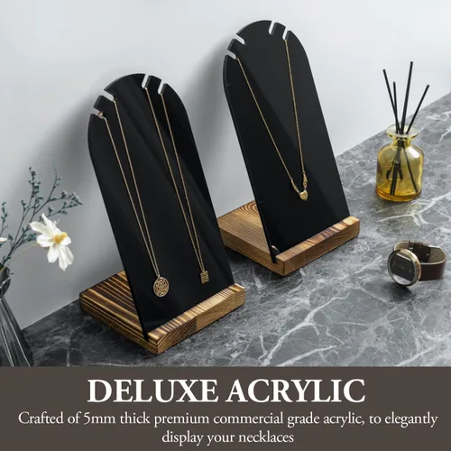 Vista 4 de MyGift Moderno soporte de collar doble acrílico negro con panel desmontable y base de madera maciza rústica quemada, soporte de caballete de joyería