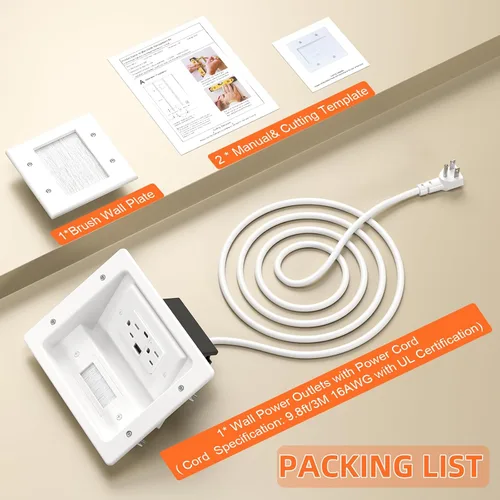 Vista 7 de Kit de organización de cables de pared con placa de pared de cepillo, salidas de CA y puertos USB-A+USB-C, cable de 9 pies, salida de pared