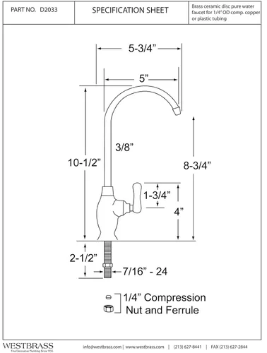 Vista 2 de Westbrass D2033-NL-20 Grifo dispensador de agua fría clásico de 1 palanca de 10 pulgadas, acero inoxidable