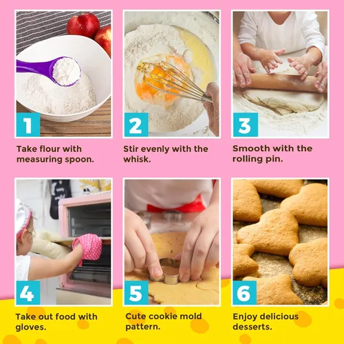 Vista 8 de Toyze Regalos para niñas de 3 a 8 años, juego de cocina para niños con delantal, sombrero de chef, libro de cocina, 20 unidades, color rosa
