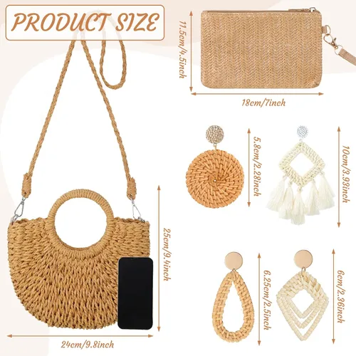 Vista 5 de Sweetude Bolso de mano de paja para mujer, juego de aretes de ratán, bolsa de paja de verano, playa, bolso bohemio, cartera tejida para vacaciones