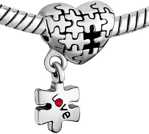Vista 2 de KunBead Rompecabezas de concientización sobre el autismo, dije colgante de corazón, compatible con pulsera Pandora, collar, joyería de cumpleaños