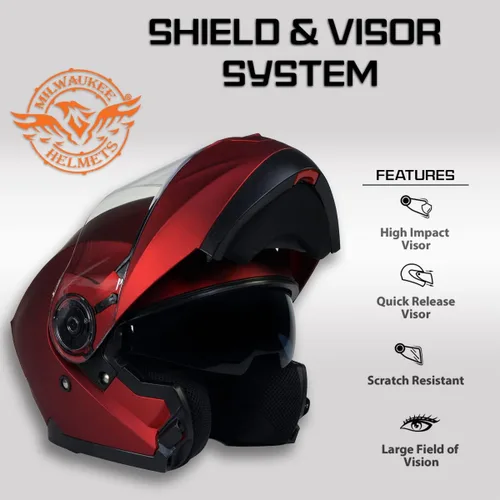 Vista 5 de Cascos Milwaukee MPH9817DOT Breeze Rojo, Casco de Moto Modular Avanzado, para Motociclista, con Visera Desmontable - Extra Pequeño