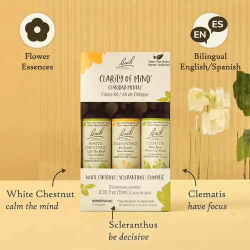 Vista 2 de Bach Remedios florales originales, kit de trío Clarity Of Mindfulness, para concentración y atención plena (fórmula sin alcohol), esencia floral