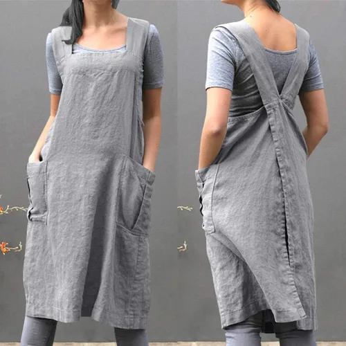 Vista 2 de XUNRYAN Delantal de lino de algodón para mujer, delantal cruzado en la espalda, vestido para hornear, cocinar, jardinería, trabajo, vestido