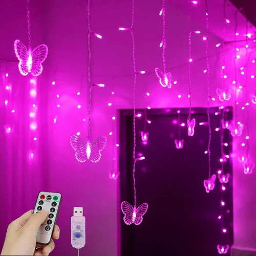 Vista 8 de Butterfly Curtain Lights 13ft 96 LED Twinkle Fairy Lights 8 Modes String Lights with Remote, Butterfly Hanging Decoration for Bedroom Dorm Wall