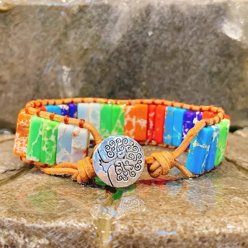 Vista 7 de Pulsera de cuero de chakras, hecha a mano, bohemia, girasol, piedra real, pulseras para mujeres y niñas, tejido de yoga curativo, joyería