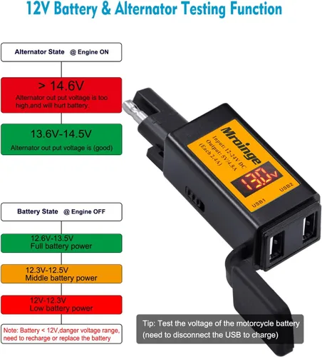 Vista 4 de Cargador USB para motocicleta, adaptador Mroinge 4.8A SAE a USB con voltímetro y amperímetro, enchufe de desconexión rápida con cargador USB doble