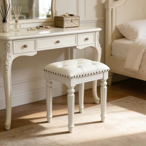 Vista 10 de Taburete de tocador blanco con asiento de cuero copetudo y patas de madera maciza talladas, banco de tocador de fácil montaje, taburete