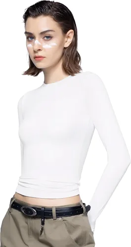 Vista 3 de PUMIEY Camisetas de manga larga para mujer, cuello redondo, ajustadas, sexy, básica, colección Smoke Cloud Pro