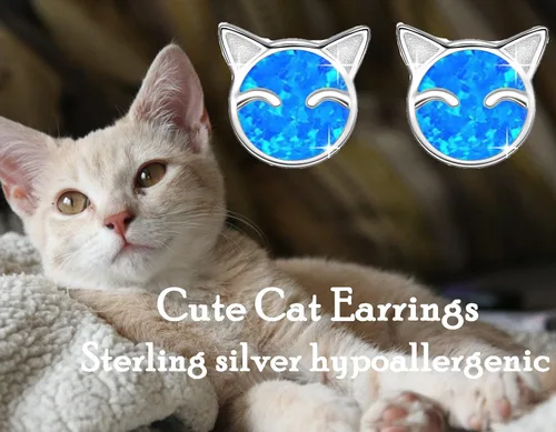 Vista 5 de YZSFMZGE Blue White Opal Cat Stud Earrings Necklace, 925 Sterling Silver Cat Opal Stud Earrings Necklace for Women Cute Cat Jewelry for Girls
