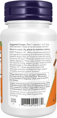 Vista 3 de Suplementos NOW, Probiotic-10™, 25 mil millones, con 10 cepas, 30 cápsulas vegetales