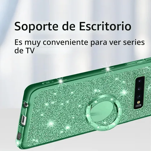 Vista 5 de Funda para Samsung Galaxy S10, Galaxy S10 2019 para mujer con purpurina de cristal suave TPU transparente con correa de pie de apoyo
