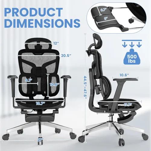 Vista 2 de Silla de oficina ergonómica con reposapiés y soporte lumbar Negro