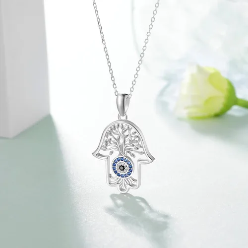 Vista 4 de Hamsa Hand Necklace for Women,925 Sterling Silver Hamsa Lotus Evil Eye Pendant Hand of Fatima Tree Elephant Necklaces,Hamsa Hand of Fatima Amulet