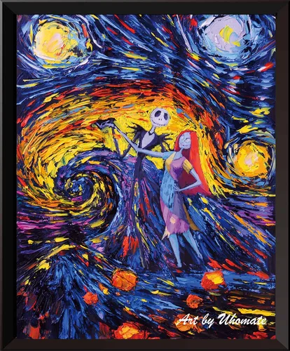Vista 3 de Uhomate 4 pósteres de Jack Sally Jack y Sally Nightmare Before Christmas Vincent Van Gogh Noche estrellada para decoración de pared dormitorio baño