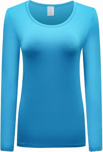 Vista 34 de OThread & Co. Camiseta de manga larga con cuello redondo para mujer, capa básica, de elastano Albaricoque