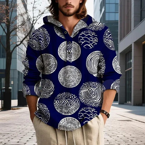 Vista 2 de Sudadera con capucha con estampado floral colorido para hombre, con botones, holgada, de manga larga, sudadera con capucha de gran tamaño para otoño