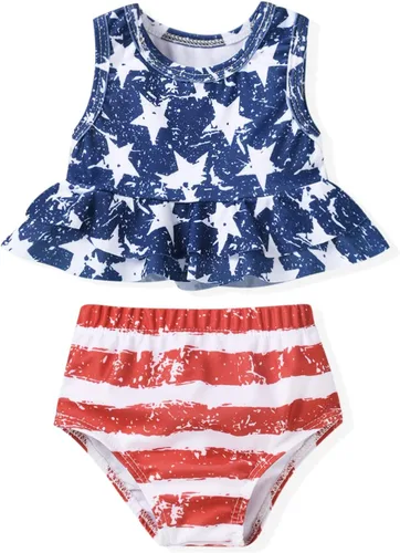 Vista 7 de Aalizzwell Traje de Baño para Niña Pequeña de Dos Piezas Traje de Baño Bikini para Playa Bandera americana B