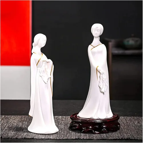 Vista 5 de Escultura Figura de mesa Estatua Mujer De Pie Porcelana Blanca Dorada Ornamento De Escritorio Zen Clásico Hecho A Mano Arte Decoraciones Estatua