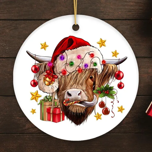 Vista 3 de Adorno de Navidad de vaca de las tierras altas, decoración de árbol de ganado