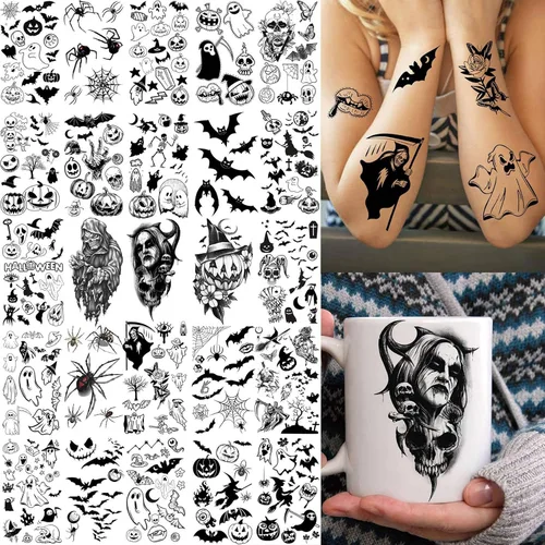Vista 4 de 52 hojas de tatuajes temporales de Halloween para niños, niñas, mujeres, hombres, adultos, 3D de cara aterradora, calavera, tatuajes falsos