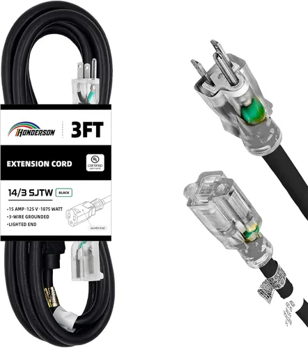 Vista 10 de Cable de Extensión HONDERSON con Extremo Iluminado, Certificado UL, Calibre 10, 1 Pie, Negro, 3 Puntas, Resistente, 10/3 SJTW, 15A, Cable de Energía