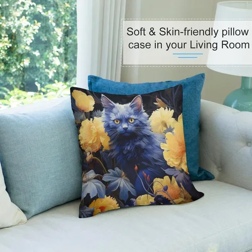 Vista 8 de Blue Cat in Bloom - Funda de almohada decorativa cuadrada suave con estampado de doble cara de 12 x 12 pulgadas, adorables almohadas de animales