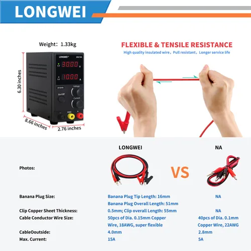 Vista 4 de LONGWEI Fuente de alimentación de CC variable, 30 V 10 A, 4 pantallas LED digitales, fuente de alimentación de conmutación regulada ajustable