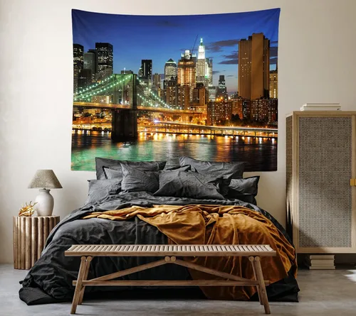 Vista 3 de Loccor Tapiz de la ciudad de Nueva York, puente de Brooklyn, Manhattan, horizonte nocturno, río Hudson, tapiz de pared de rascacielos urbano