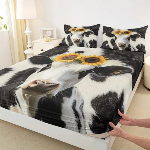 Vista 4 de Erosebridal Sábanas de cama con estampado de vaca, tamaño individual, juego de sábanas de girasol, juegos de sábanas y fundas de almohada con Multi
