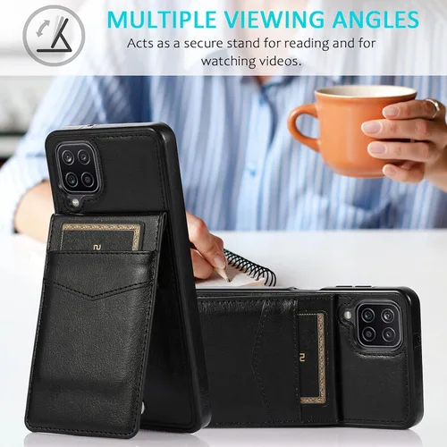 Vista 4 de Asuwish Funda de teléfono para Samsung Galaxy A12 con protector de pantalla de vidrio templado, soporte para tarjetas de crédito, soporte de piel