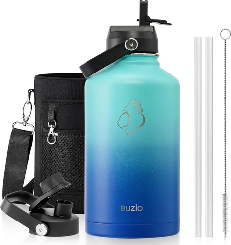 Vista 29 de BUZIO Botella de agua aislada de 24 oz, frasco de agua de boca ancha de acero inoxidable con tapa de pajita, frío durante 48 horas a prueba de Negro