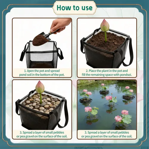 Vista 4 de 18 bolsas de plantación acuática con asas, maceta de estanque acuático de 7 pulgadas para estanque, de malla reutilizable, transpirable