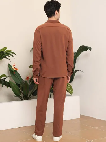 Vista 5 de HANXMEN Conjunto de lino de 2 piezas para hombre, camisa cubana con botones y manga larga, pantalones sueltos casuales, playa, vacaciones, yoga