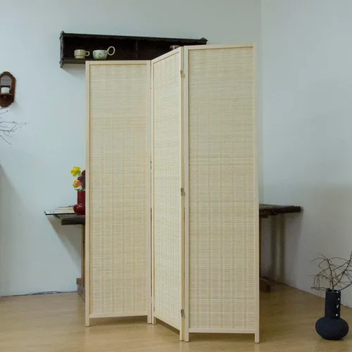 Vista 4 de Divisor de habitación de bambú de 3 paneles, pantalla de privacidad plegable beige de 5.6 pies de alto, pared de división independiente de doble