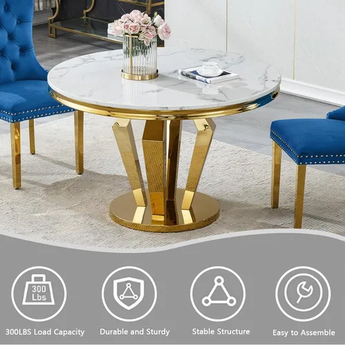 Vista 6 de Juego de mesa de comedor de mármol sintético de oro blanco de 47 pulgadas para 2, juego de mesa de comedor de cocina de 3 piezas, juego de mesa