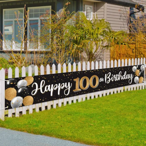 Vista 5 de Decoración de feliz cumpleaños número 100, globo negro y dorado número 100, cartel grande de telón de fondo de cumpleaños, decoración de fiesta