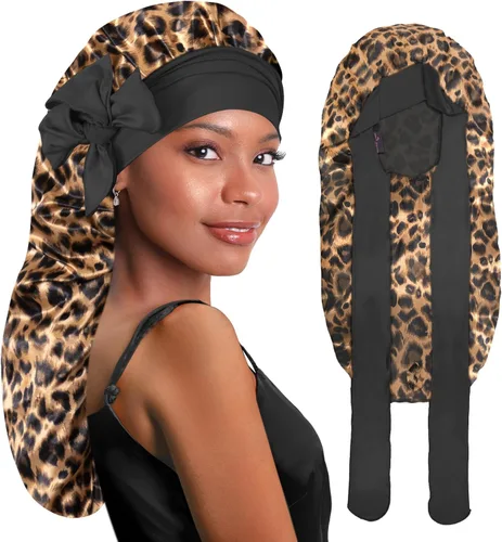 Vista 9 de BONNET QUEEN Braid Bonnet Silk Bonnet Foldable Extra Long Wrap for Braids Satin Bonnets with Tie Band Long Sleep Cap