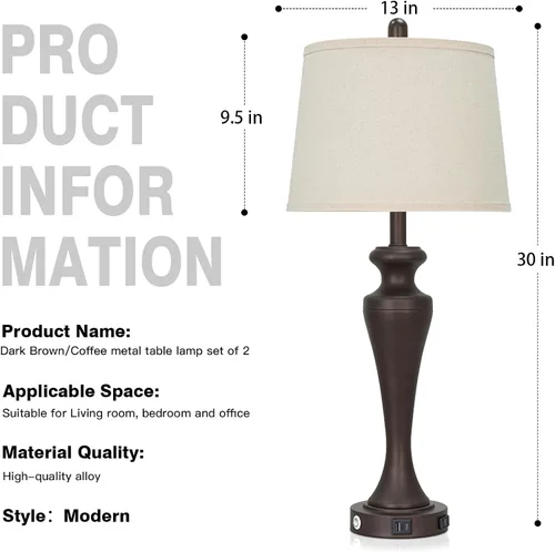 Vista 7 de Lámpara de mesa marrón oscuro de 30 pulgadas, lámpara de noche individual con control táctil de 3 vías con puertos USB A+C y salida de CA, lámparas