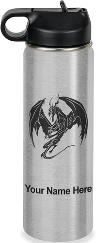 Vista 47 de LaserGram Botella de agua con tapa abatible de doble pared de 12 onzas con pajilla, dragón, grabado personalizado incluido (negro)