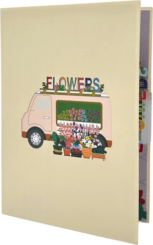 Vista 5 de Tarjeta de felicitación emergente con flores florecientes, furgonetas de aventura, vehículo floral, amante de la naturaleza, tema clásico