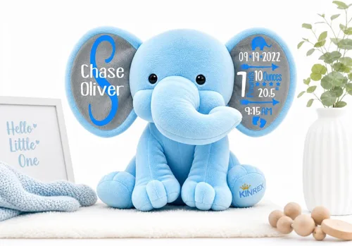 Vista 6 de Animal de peluche de elefante personalizado - Anuncio de estadísticas de nacimiento personalizadas, animales de peluche de elefante para bebés, baby