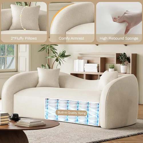 Vista 4 de Sofá curvado de 90.8 pulgadas para sala de estar, moderno y cómodo sofá de felpilla de 3 plazas sin hueso, asiento extra profundo y ancho con 2 Beige