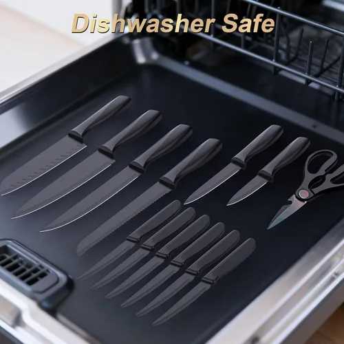 Vista 6 de Juego de cuchillos de cocina con bloque, juego de cuchillos de 15 piezas con afilador integrado, apto para lavavajillas, cuchillas de acero