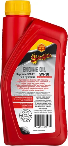 Vista 2 de Schaeffer Manufacturing Co. 9003D-012S Supreme 9000 Aceite de motor de gasolina sintético completo 5W-30, botella de 1 cuarto de galón