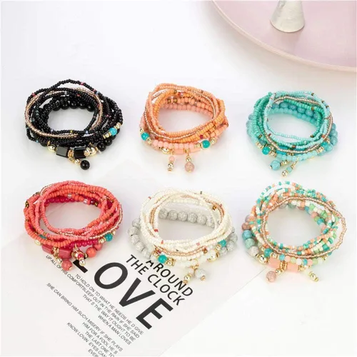 Vista 2 de Caiyao Juego de pulseras de cuentas apilables de estilo bohemio, juego de pulseras elásticas multicapa, juego de joyas multicolor, pulseras con dije
